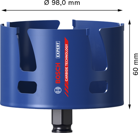 „Bosch EXPERT“ statybinių medžiagų 98 mm skylių pjūklas.